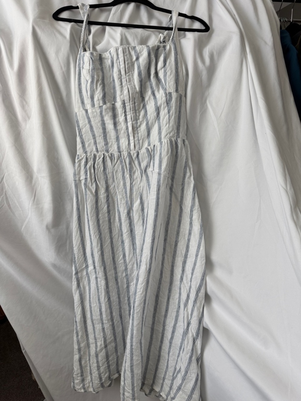 Reformation Linen White Dress with Navy Pin Stripe Detail